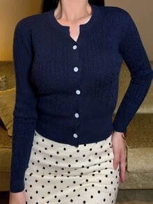 hhfernanda Women's Casual Twist Knit Cardigan With Single-Breasted Button Closure, Long Sleeve, Autumn/Winter - Navy Blue - View 5