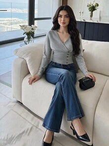 Feyla New Spring Fall Vintage Casual French Elegant Wrap Knit Blouse Women V Neck Asymmetric Side Button Slim Light Grey Daily T Office Brunch - Light Grey - View 8