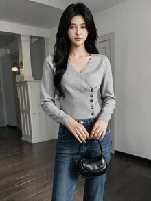Feyla New Spring Fall Vintage Casual French Elegant Wrap Knit Blouse Women V Neck Asymmetric Side Button Slim Light Grey Daily T Office Brunch - Light Grey - View 10