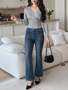 Feyla New Spring Fall Vintage Casual French Elegant Wrap Knit Blouse Women V Neck Asymmetric Side Button Slim Light Grey Daily T Office Brunch - Light Grey - View 6
