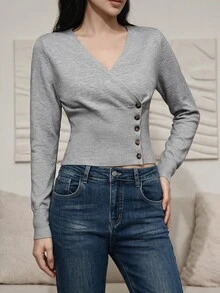 Feyla New Spring Fall Vintage Casual French Elegant Wrap Knit Blouse Women V Neck Asymmetric Side Button Slim Light Grey Daily T Office Brunch - Light Grey - View 4
