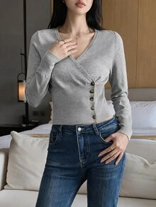 Feyla New Spring Fall Vintage Casual French Elegant Wrap Knit Blouse Women V Neck Asymmetric Side Button Slim Light Grey Daily T Office Brunch - Light Grey - View 3
