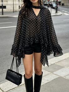 Cévolie Women's Fashion Elegant Casual Vacation Polka Dot Print Ruffle Trim Blouse - Black - View 5