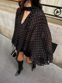 Cévolie Women's Fashion Elegant Casual Vacation Polka Dot Print Ruffle Trim Blouse - Black - View 3