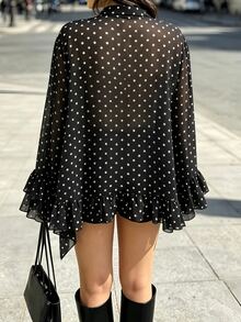 Cévolie Women's Fashion Elegant Casual Vacation Polka Dot Print Ruffle Trim Blouse - Black - View 2