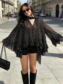 Cévolie Women's Fashion Elegant Casual Vacation Polka Dot Print Ruffle Trim Blouse - Black - View 1