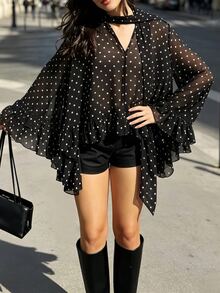 Cévolie Women's Fashion Elegant Casual Vacation Polka Dot Print Ruffle Trim Blouse - Black - View 4