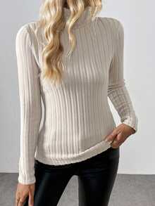 SHEIN Raffinéa Ribbed Knit Thermal Lined Turtleneck Long Sleeve Base Layer Top, Autumn Fall Cloth For Women - Khaki - View 9