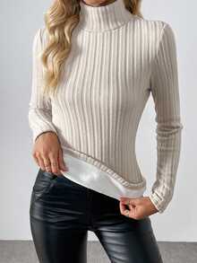 SHEIN Raffinéa Ribbed Knit Thermal Lined Turtleneck Long Sleeve Base Layer Top, Autumn Fall Cloth For Women - Khaki - View 8