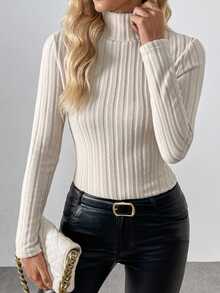 SHEIN Raffinéa Ribbed Knit Thermal Lined Turtleneck Long Sleeve Base Layer Top, Autumn Fall Cloth For Women - Khaki - View 7