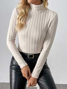 SHEIN Raffinéa Ribbed Knit Thermal Lined Turtleneck Long Sleeve Base Layer Top, Autumn Fall Cloth For Women - Khaki - View 6