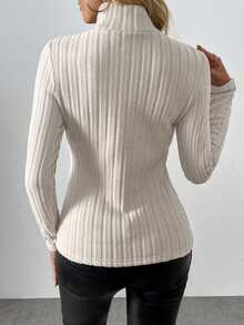 SHEIN Raffinéa Ribbed Knit Thermal Lined Turtleneck Long Sleeve Base Layer Top, Autumn Fall Cloth For Women - Khaki - View 5