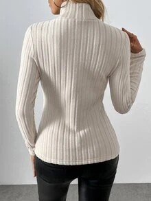 SHEIN Raffinéa Ribbed Knit Thermal Lined Turtleneck Long Sleeve Base Layer Top, Autumn Fall Cloth For Women - Khaki - View 2