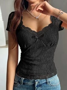 Rafferiza 女士法式浪漫蕾丝蝴蝶结性感上衣 - 黑色 - 查看 7
