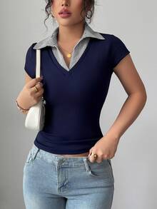 Rafferiza Women's Summer Navy Blue And White Stripe Splice 2 In 1 Ribbed T-Shirt,Smart Casual Everyday Back-To-School V-Neck High Elastic Slim Fit Short Sleeve - Royal Blue - View 3