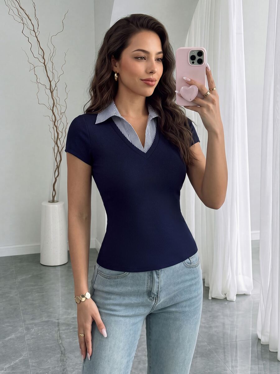 Rafferiza Women's Summer Navy Blue And White Stripe Splice 2 In 1 Ribbed T-Shirt,Smart Casual Everyday Back-To-School V-Neck High Elastic Slim Fit Short Sleeve - Royal Blue - View 1