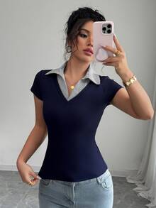 Rafferiza Women's Summer Navy Blue And White Stripe Splice 2 In 1 Ribbed T-Shirt,Smart Casual Everyday Back-To-School V-Neck High Elastic Slim Fit Short Sleeve - Royal Blue - View 5
