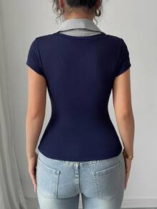 Rafferiza Women's Summer Navy Blue And White Stripe Splice 2 In 1 Ribbed T-Shirt,Smart Casual Everyday Back-To-School V-Neck High Elastic Slim Fit Short Sleeve - Royal Blue - View 2
