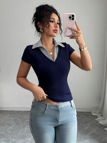 Rafferiza Women's Summer Navy Blue And White Stripe Splice 2 In 1 Ribbed T-Shirt,Smart Casual Everyday Back-To-School V-Neck High Elastic Slim Fit Short Sleeve - Royal Blue - View 7