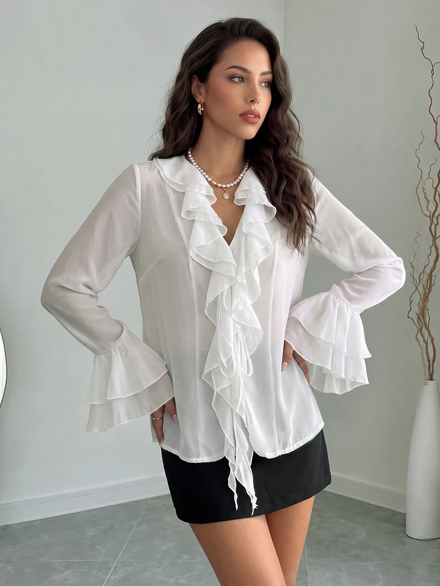 Rafferiza Áo sơ mi voan cổ chữ V tay loe màu trơn cổ điển đơn giản rộng rãi cho nữ, mùa thu - trắng - Xem 1