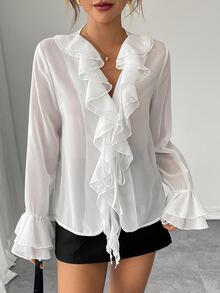 Rafferiza Áo sơ mi voan cổ chữ V tay loe màu trơn cổ điển đơn giản rộng rãi cho nữ, mùa thu - trắng - Xem 9