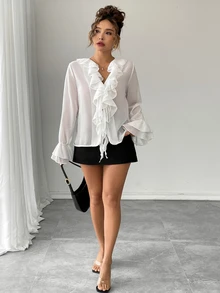 Rafferiza Áo sơ mi voan cổ chữ V tay loe màu trơn cổ điển đơn giản rộng rãi cho nữ, mùa thu - trắng - Xem 8