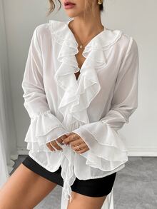 Rafferiza Áo sơ mi voan cổ chữ V tay loe màu trơn cổ điển đơn giản rộng rãi cho nữ, mùa thu - trắng - Xem 7