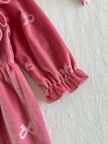 SHEIN 2pcs Baby Girls Velvet Dress Cute Sweet Pink Bow Print Ruffle Button Long Sleeve Round Neck Regular Holiday Party Winter Christmas Flared Hem - Pink - View 6
