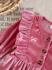 SHEIN 2pcs Baby Girls Velvet Dress Cute Sweet Pink Bow Print Ruffle Button Long Sleeve Round Neck Regular Holiday Party Winter Christmas Flared Hem - Pink - View 7
