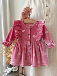 SHEIN 2pcs Baby Girls Velvet Dress Cute Sweet Pink Bow Print Ruffle Button Long Sleeve Round Neck Regular Holiday Party Winter Christmas Flared Hem - Pink - View 3