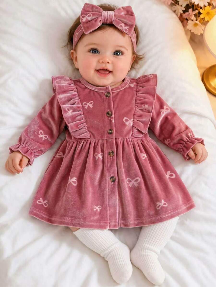 SHEIN 2pcs Baby Girls Velvet Dress Cute Sweet Pink Bow Print Ruffle Button Long Sleeve Round Neck Regular Holiday Party Winter Christmas Flared Hem - Pink - View 1