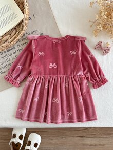 SHEIN 2pcs Baby Girls Velvet Dress Cute Sweet Pink Bow Print Ruffle Button Long Sleeve Round Neck Regular Holiday Party Winter Christmas Flared Hem - Pink - View 2