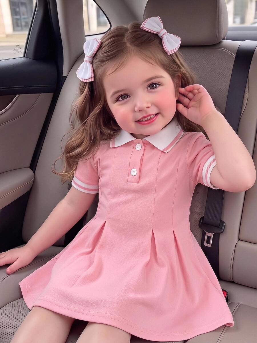 Souflis Souflis 1pc Baby Girls Pink Casual Dress, With Rib Collar And Cuffs, Suitable For Everyday Wear, Outdoor, Sports, And Party - Pink - View 1