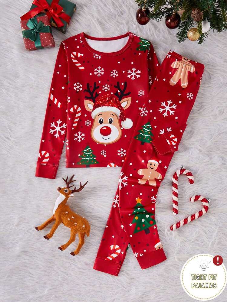 Pijamas de niña preadolescente para otoño/invierno, conjunto rojo con estampado integral de árbol de Navidad, hombre de jengibre, reno y copo de nieve, de punto elástico y ajuste ceñido - Rojo - Añade 6