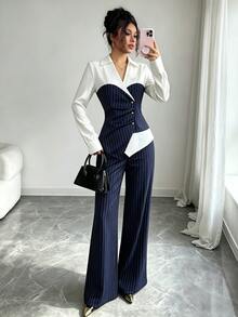 Elenzga Setelan Kasual Elegan Minimalis 2 Potong Warna Biru Tua untuk Perjalanan Kerja di Musim Gugur - Navy Blue - View 2