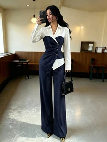 Elenzga Setelan Kasual Elegan Minimalis 2 Potong Warna Biru Tua untuk Perjalanan Kerja di Musim Gugur - Navy Blue - View 3