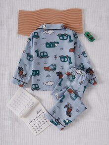 2pcs Young BoyCute Abstract Dinosaur Car Print Long Sleeve Collared Fall Autumn/Winter Cardigan And Pants Set, Casual Loose Loungewear Soft Cozy - Grey - View 2
