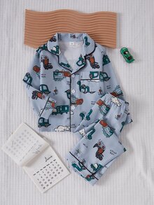 2pcs Young BoyCute Abstract Dinosaur Car Print Long Sleeve Collared Fall Autumn/Winter Cardigan And Pants Set, Casual Loose Loungewear Soft Cozy - Grey - View 5