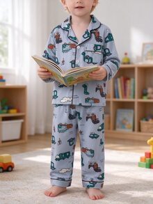 2pcs Young BoyCute Abstract Dinosaur Car Print Long Sleeve Collared Fall Autumn/Winter Cardigan And Pants Set, Casual Loose Loungewear Soft Cozy - Grey - View 4