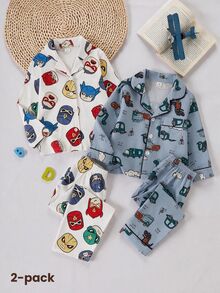 2pcs Young BoyCute Abstract Dinosaur Car Print Long Sleeve Collared Fall Autumn/Winter Cardigan And Pants Set, Casual Loose Loungewear Soft Cozy - Grey - View 9