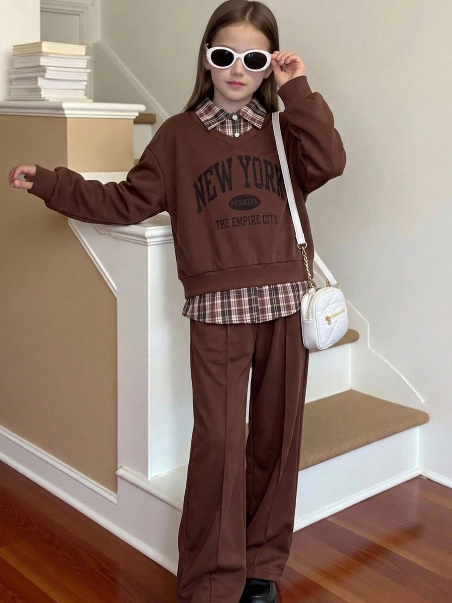 Girls' American Street Style 80s Retro New York Letter Print Long Sleeve Sweatshirt Set, Fall Plaid Patchwork Solid Color Collared Casual Pants, Brown - Brown - View 1