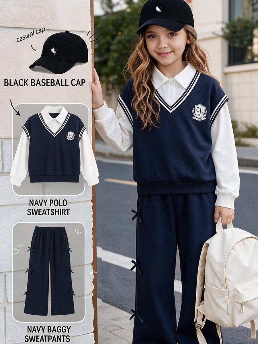 SHEIN 青少年女孩學院風 80 年代休閒針織背心上衣與寬腿褲 2 件套,抓絨內裡套裝,適合秋季冬季校園運動穿著 - 藍色 - 查看 1