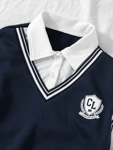 SHEIN 青少年女孩學院風 80 年代休閒針織背心上衣寬腿褲 2 件套套裝，抓絨內裡，適合秋季冬季校園運動 - 藍色 - 查看 7
