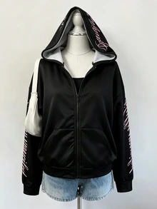 SHEIN ChillGRL 青少年女孩搖粒絨秋季街頭風 Y2K 連帽拉鍊運動衫 保暖內裡休閒套裝 長袖寬鬆 校園生日穿搭 黑粉配色 - 黑色 - 查看 4