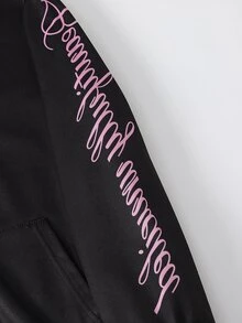 SHEIN ChillGRL 青少年女孩搖粒絨秋季街頭風 Y2K 連帽拉鍊運動衫 保暖內裡休閒套裝 長袖寬鬆 校園生日穿搭 黑粉配色 - 黑色 - 查看 8
