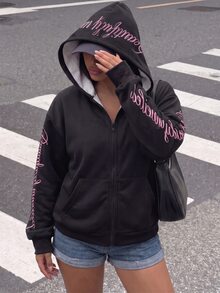 SHEIN ChillGRL 青少年女孩搖粒絨秋季街頭風 Y2K 連帽拉鍊運動衫 保暖內裡休閒套裝 長袖寬鬆 校園生日穿搭 黑粉配色 - 黑色 - 查看 3
