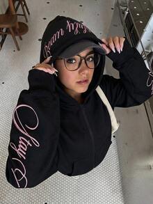 SHEIN ChillGRL 青少年女孩搖粒絨秋季街頭風 Y2K 連帽拉鍊運動衫 保暖內裡休閒套裝 長袖寬鬆 校園生日穿搭 黑粉配色 - 黑色 - 查看 1