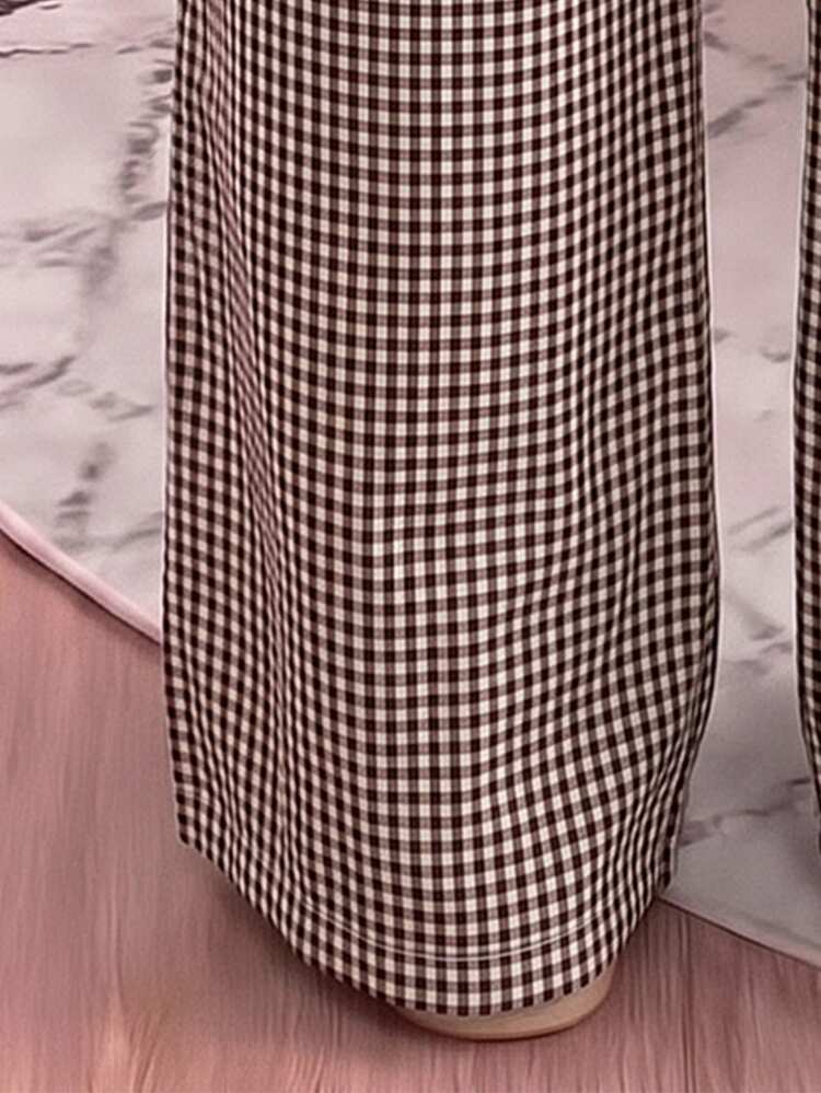 SHEIN 1pc Girls' British Academy Style Plaid Wide Leg Pants, Vintage Elegant Pearl Button High Waist Long Pants, Casual Trousers For Fall School Season - Coffee Brown - View 7