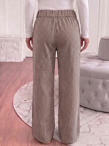 SHEIN 1件女童英倫學院風格紋寬腿長褲，復古優雅珍珠鈕扣高腰長褲，秋季開學季休閒長褲 - 咖啡棕 - 查看 2