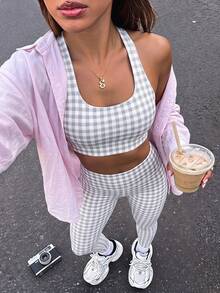 Fluxe Women's Plaid Sleeveless Cropped Tank Top And Slim Fit Long Pants 2 Pieces Sports Set - Grey - View 2